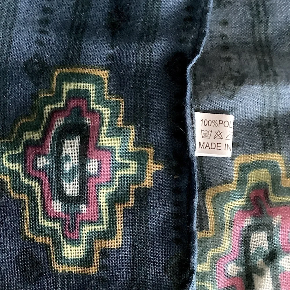 Paisley Print Scarf Aztec Accents Fringe Navy Multicolored Long 36” x 70” New!